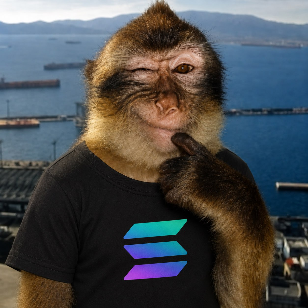 APE monkey character wearing a black Solana shirt
